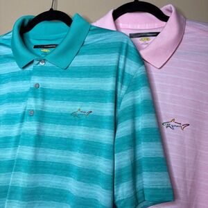 Lot of 2 Greg Norman Play Dry Mens Sz Large Striped Golf Polo Shirt Teal Pink